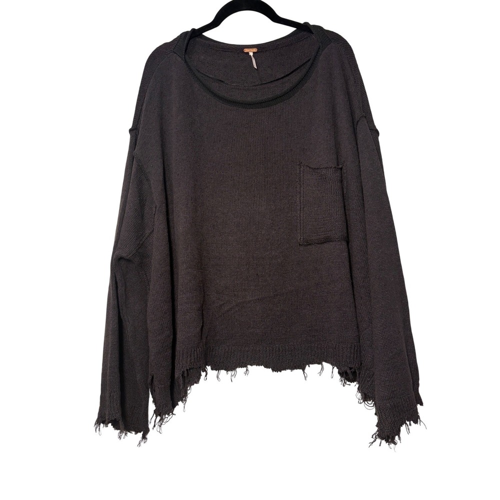 Free People Distressed Linen Blend Knit Prism Sweater Charcoal Black - Small